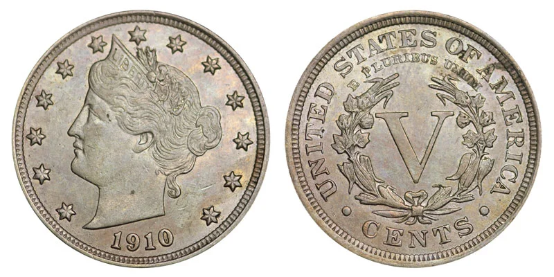 1910 Liberty Head Nickel obverse and reverse showing Lady Liberty portrait and large V numeral