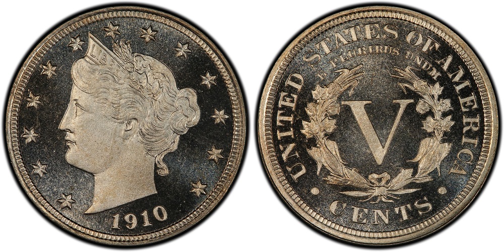 Side-by-side comparison of a regular-strike 1910 Liberty Nickel and a Proof Cameo example showing frosted devices against mirror fields