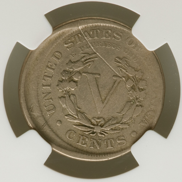 1910 Liberty Nickel off-center strike error showing design shifted with crescent of blank planchet visible