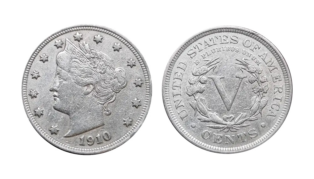 1910 Liberty Nickel brockage error showing mirror-image incuse impression of the Liberty portrait on the reverse