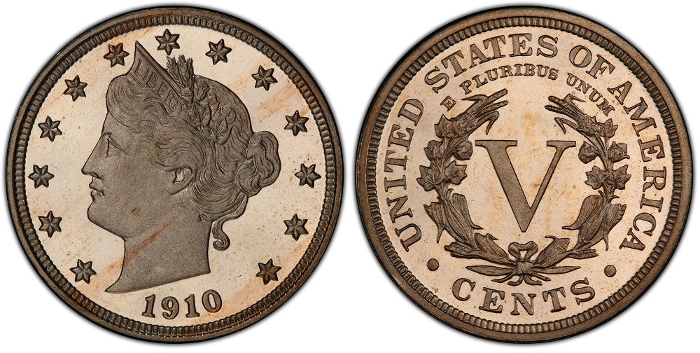 1910 Liberty Nickel Proof Deep Cameo showing mirror fields and frosted Liberty portrait with dramatic cameo contrast
