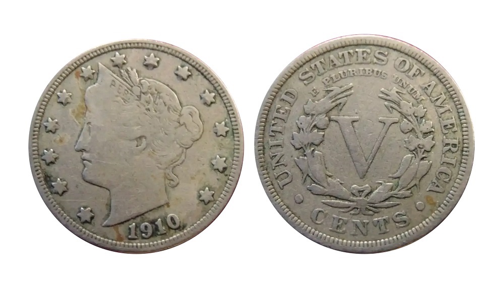 Grading strip showing 1910 Liberty Nickels in four grades: Good, Fine, Extremely Fine, and Mint State